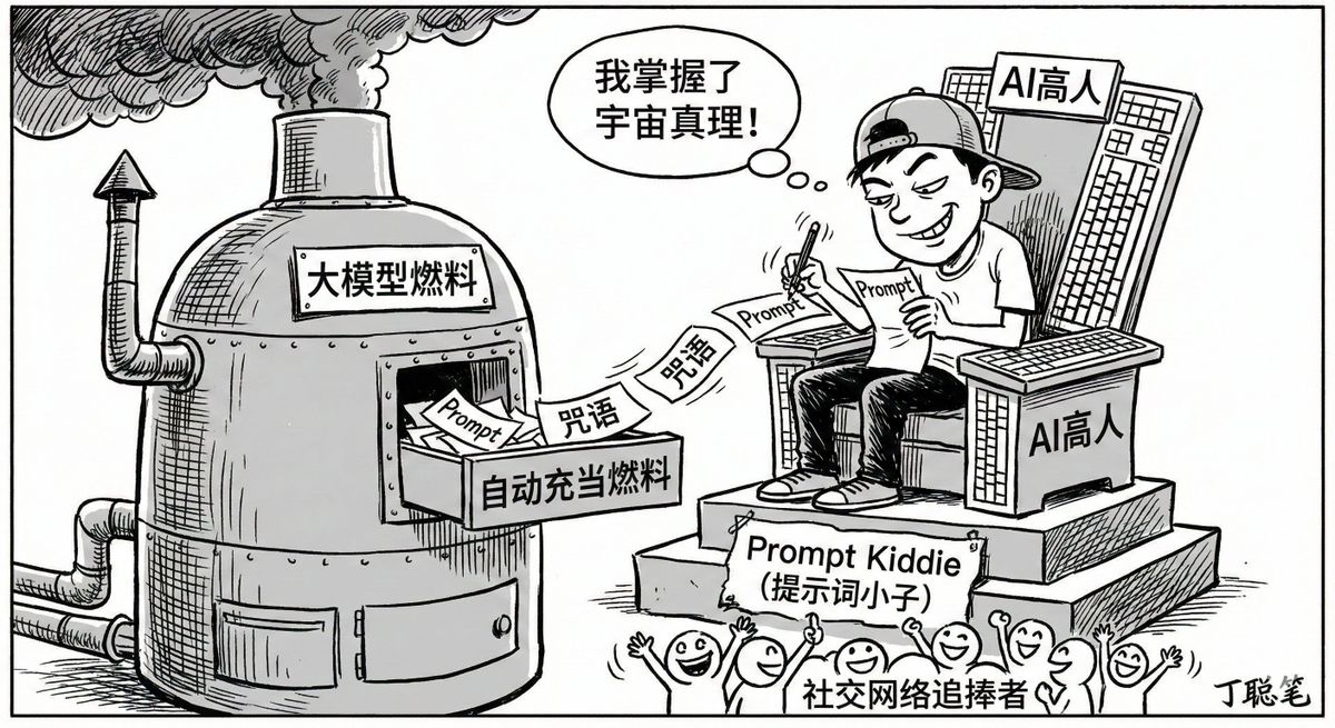 丁聪风格讽刺漫画：AI高人不过是提示词小子