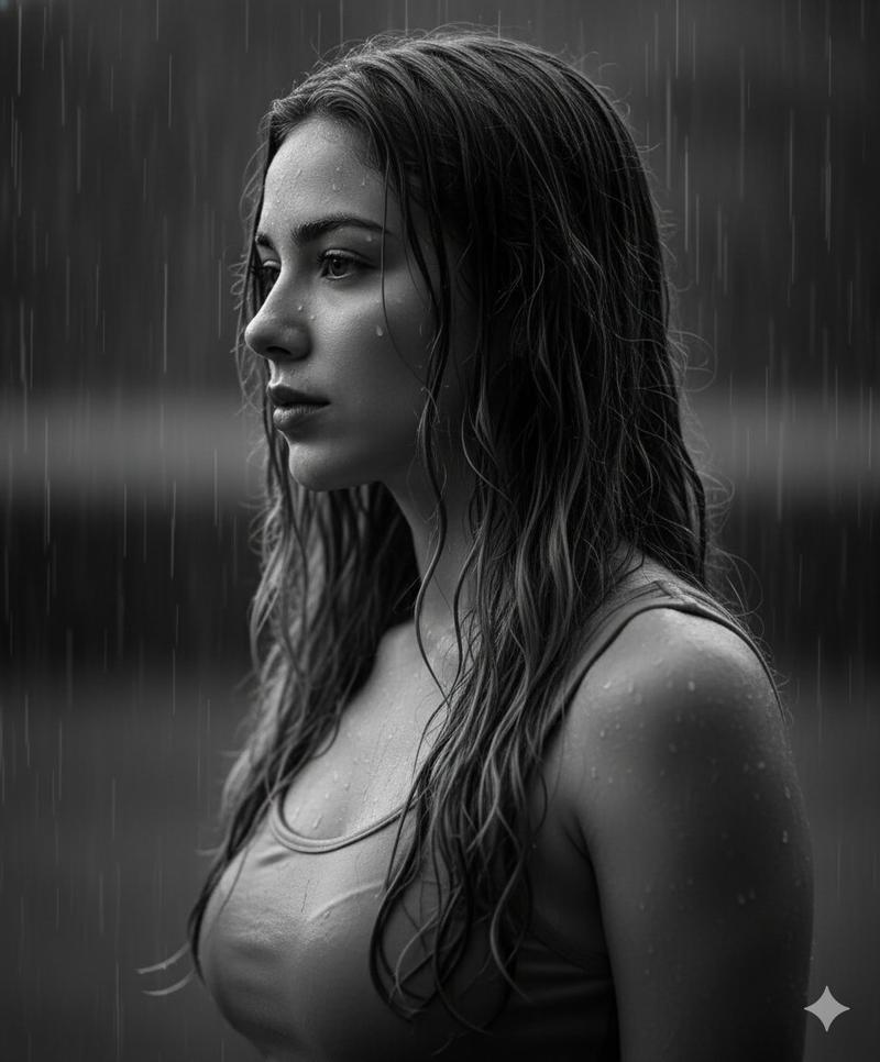 雨中沉思女性特写