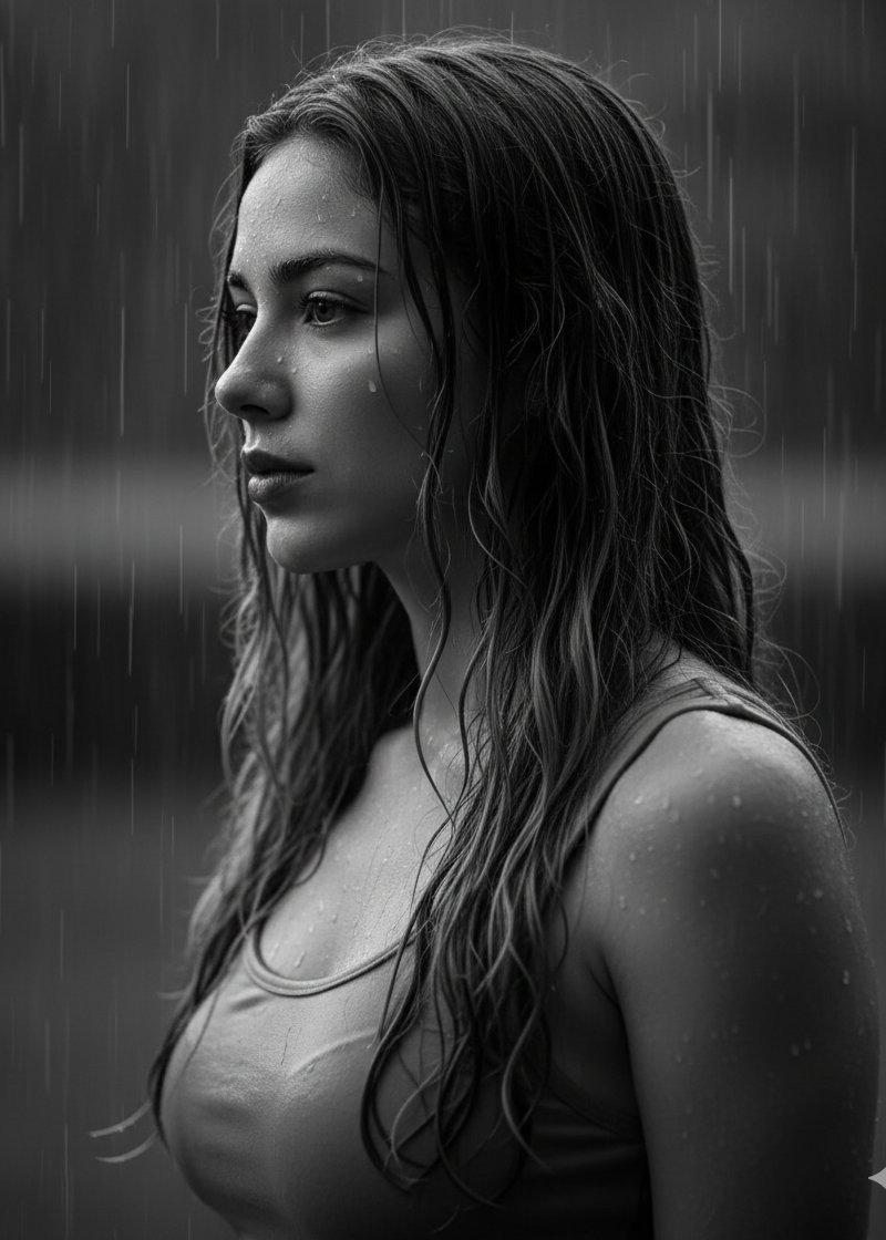 雨中沉思女性特写