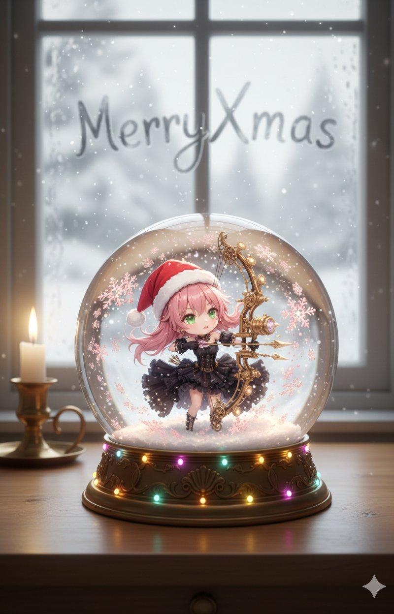 クリスマス先取りアニメデフォルメキャラと実写スノードーム
