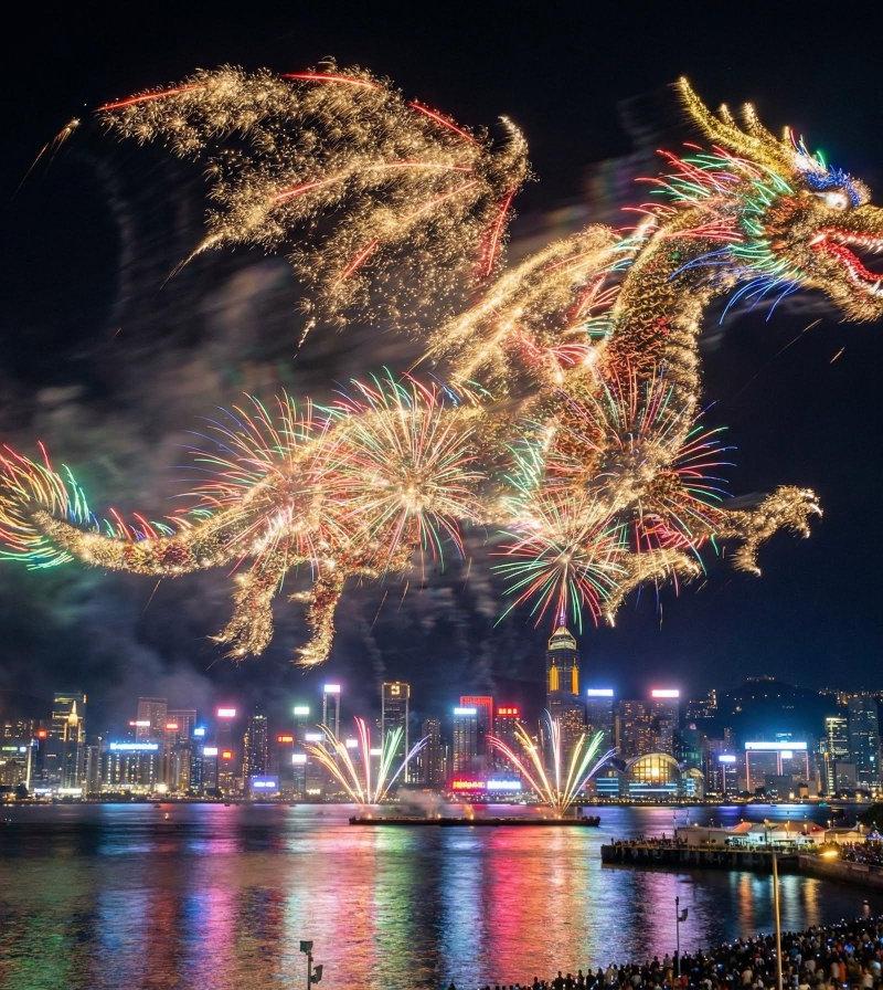 夜空中的水上城市烟花