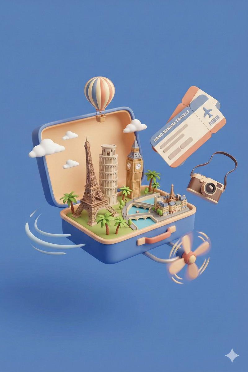 全球地标3D旅行箱插画