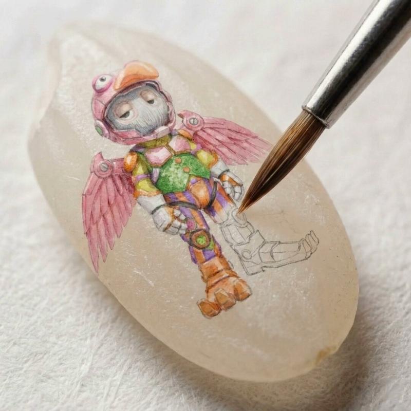 正在进行的米粒绘画的微观视角