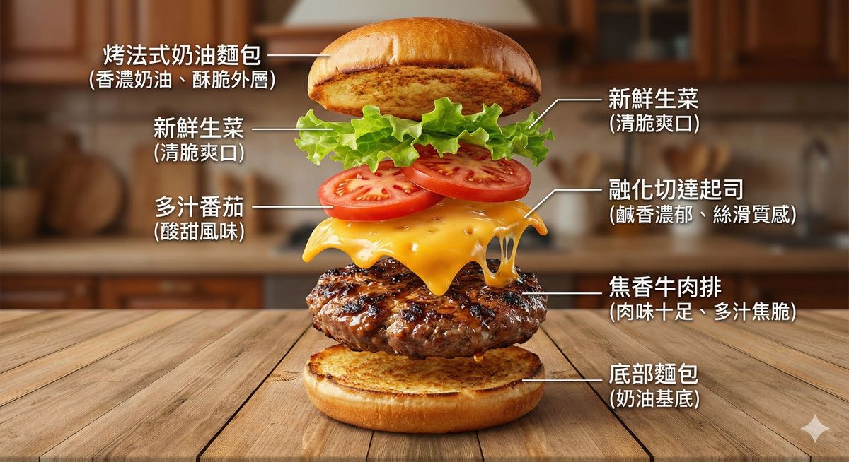 超寫實美食起司漢堡解構圖