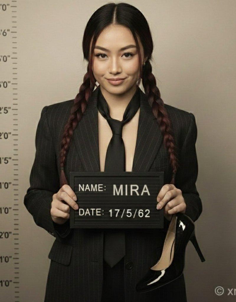 超写实肖像：穿着西装的女子 mugshot 姿势
