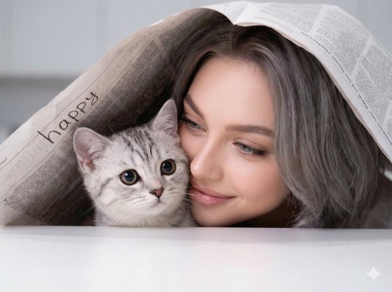 女性与银色虎斑猫亲密互动的近照