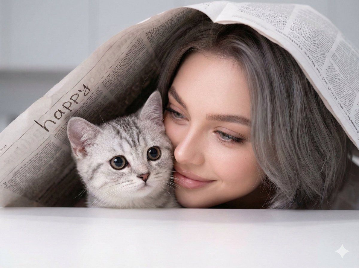 女性与银色虎斑猫亲密互动的近照