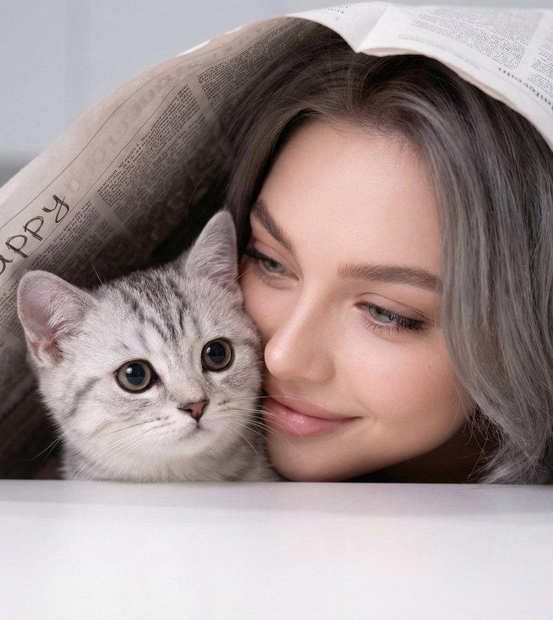 女性与银色虎斑猫亲密互动的近照