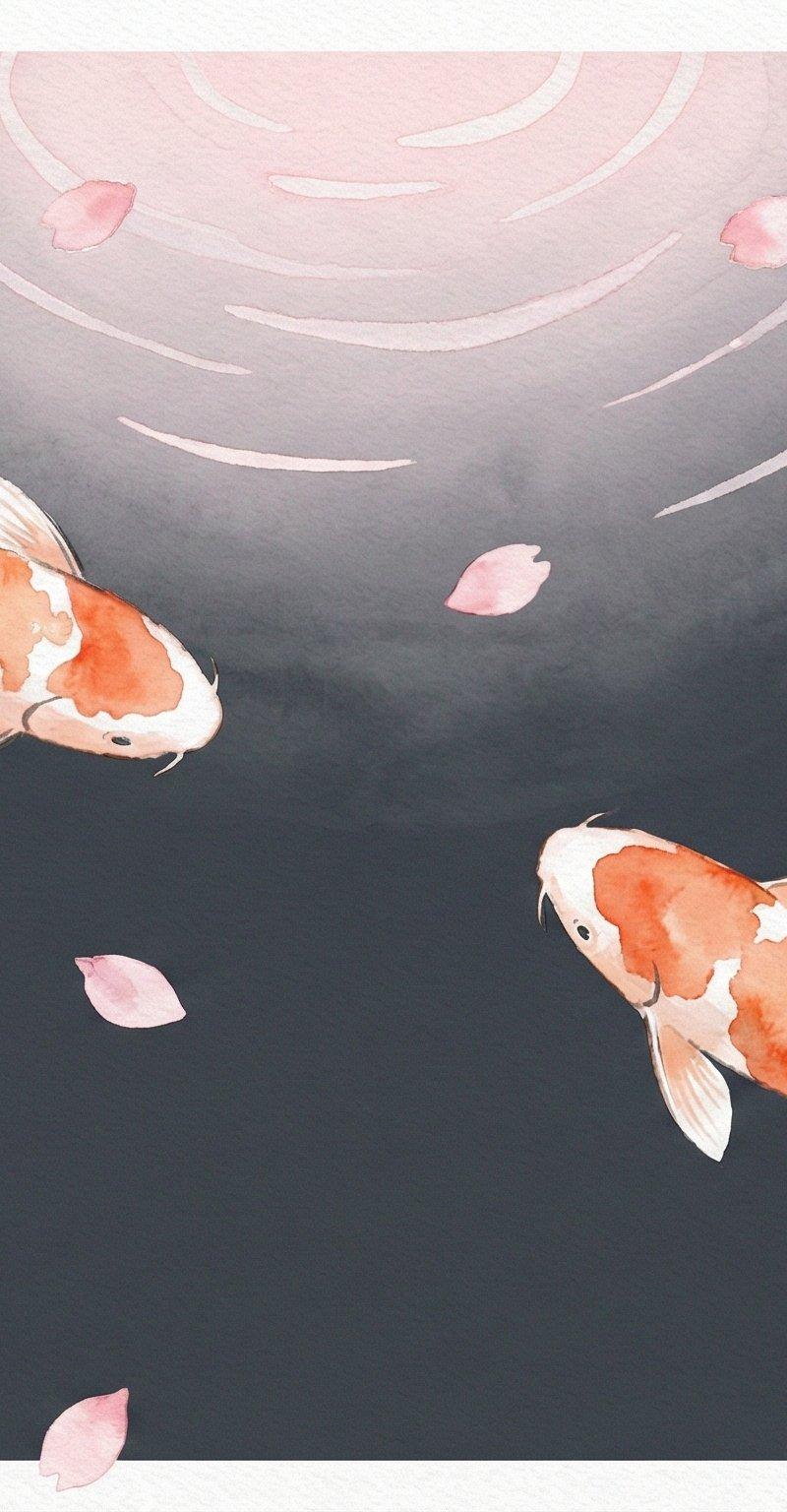 极简水彩插画：錦鯉戏水