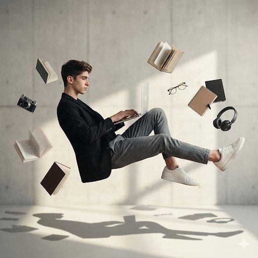 现代极简风格房间中漂浮的男子
