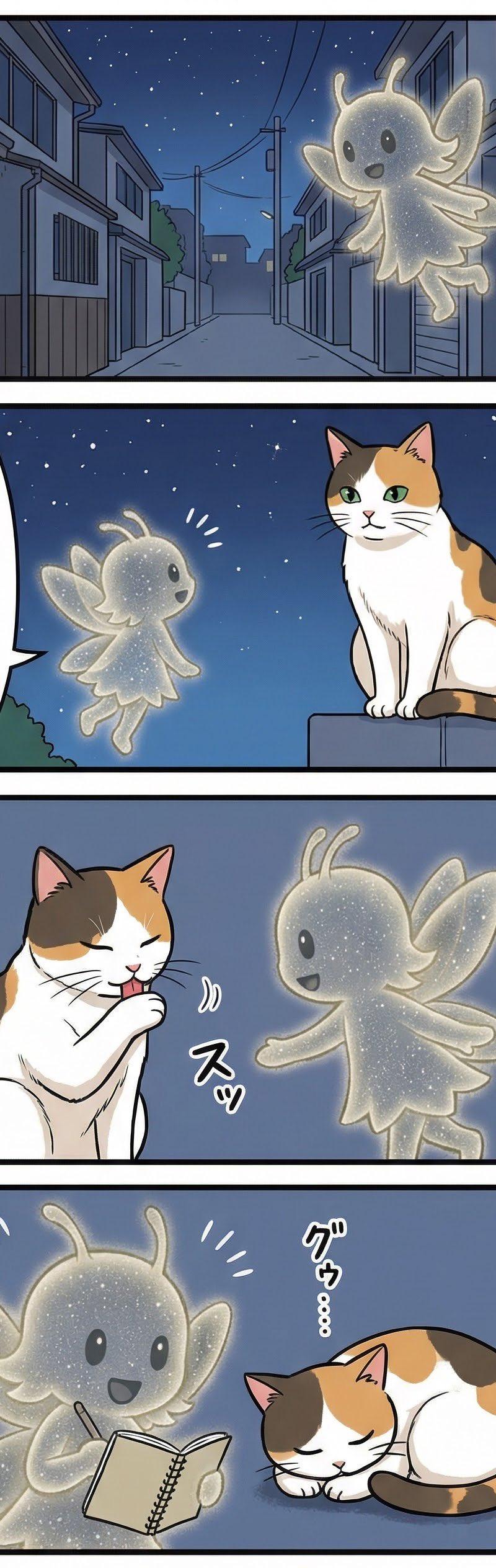 話題のNano Banana Proで描いた妖精と猫の星の4コマ漫画