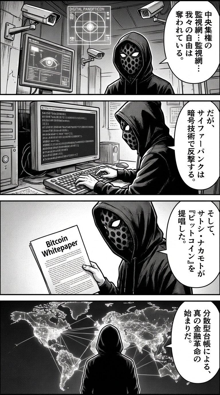 Nano Banana Pro制作:サイファーパンク視点のビットコイン解説漫画