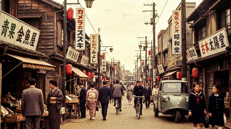 Nano Banana Pro绘制的日本高度经济增长时期的下町商店街