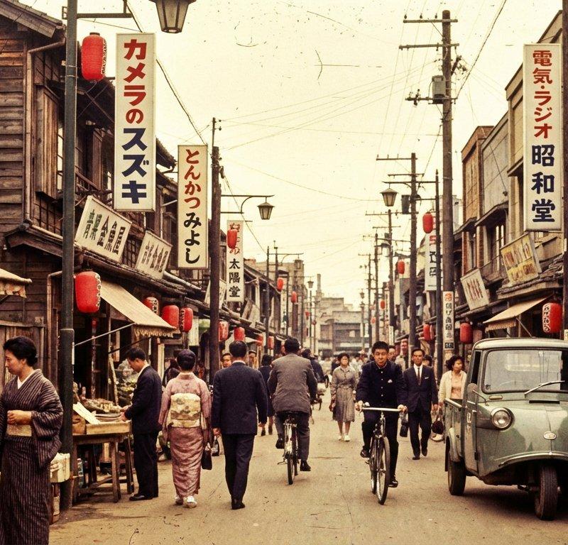 Nano Banana Pro绘制的日本高度经济增长时期的下町商店街