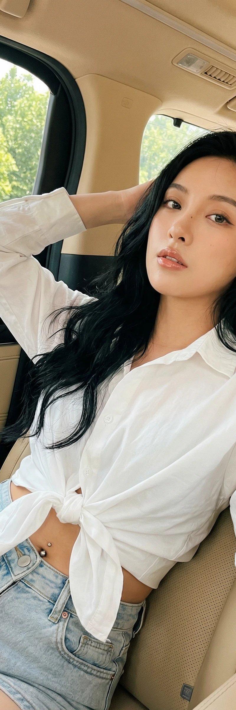 自然Instagram风格自拍：时尚年轻女性豪华车内造型