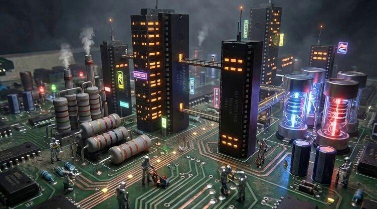 复古电脑电路板上的科幻都市