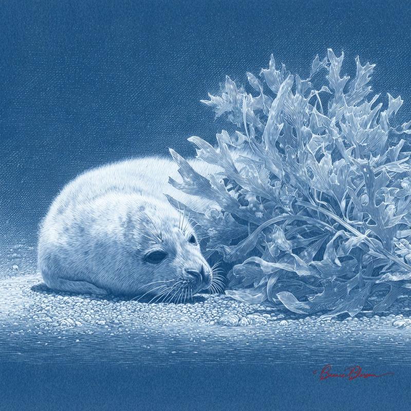 银点描绘的浅蓝色纸上睡着的海豹幼崽,在雾蒙蒙的北极海滩上,细线捕捉湿毛和海藻结晶