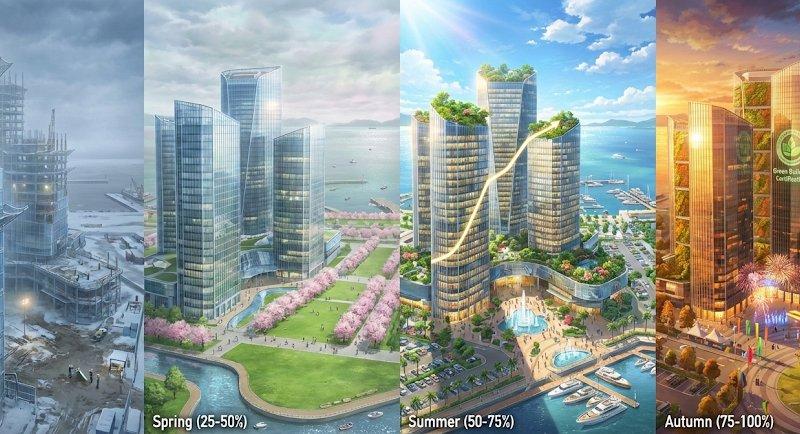 超现实主义时光流转艺术:建筑四季循环全景叙事