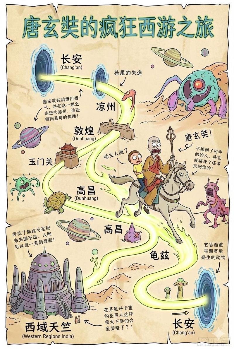 唐玄奘西行路线图：Rick and Morty风格