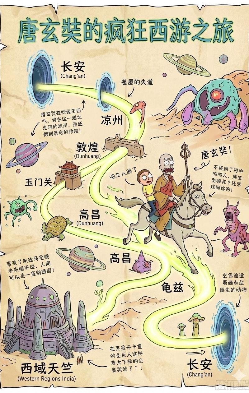 唐玄奘西行路线图:Rick and Morty风格