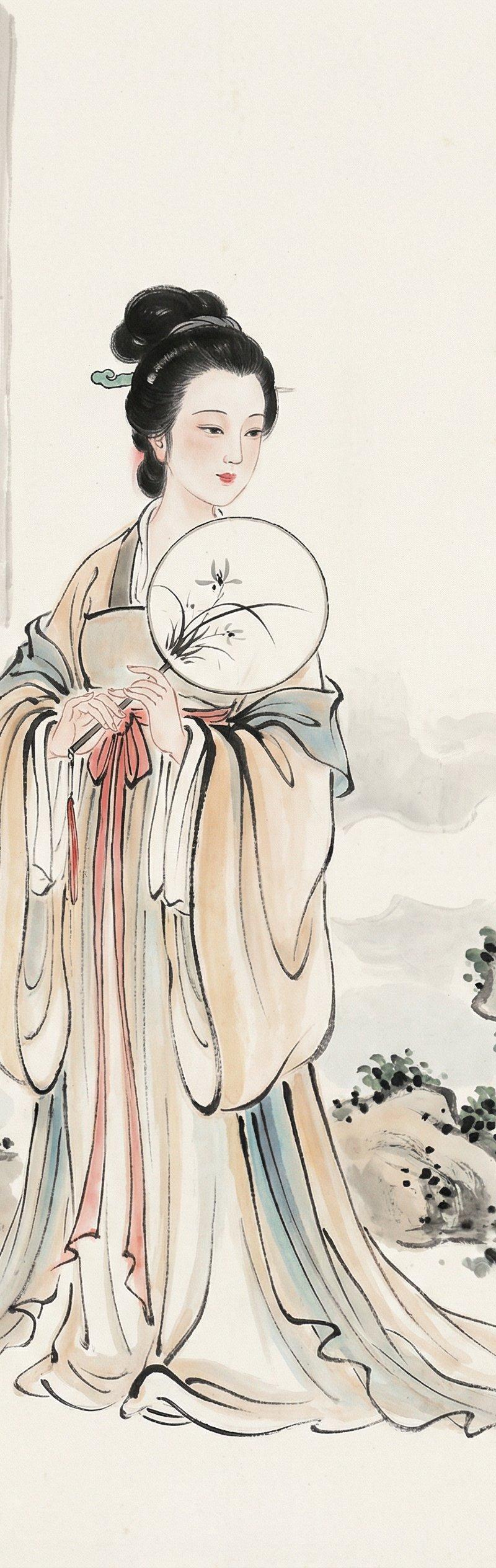 传统中国水墨画：古代宫廷女子持扇图