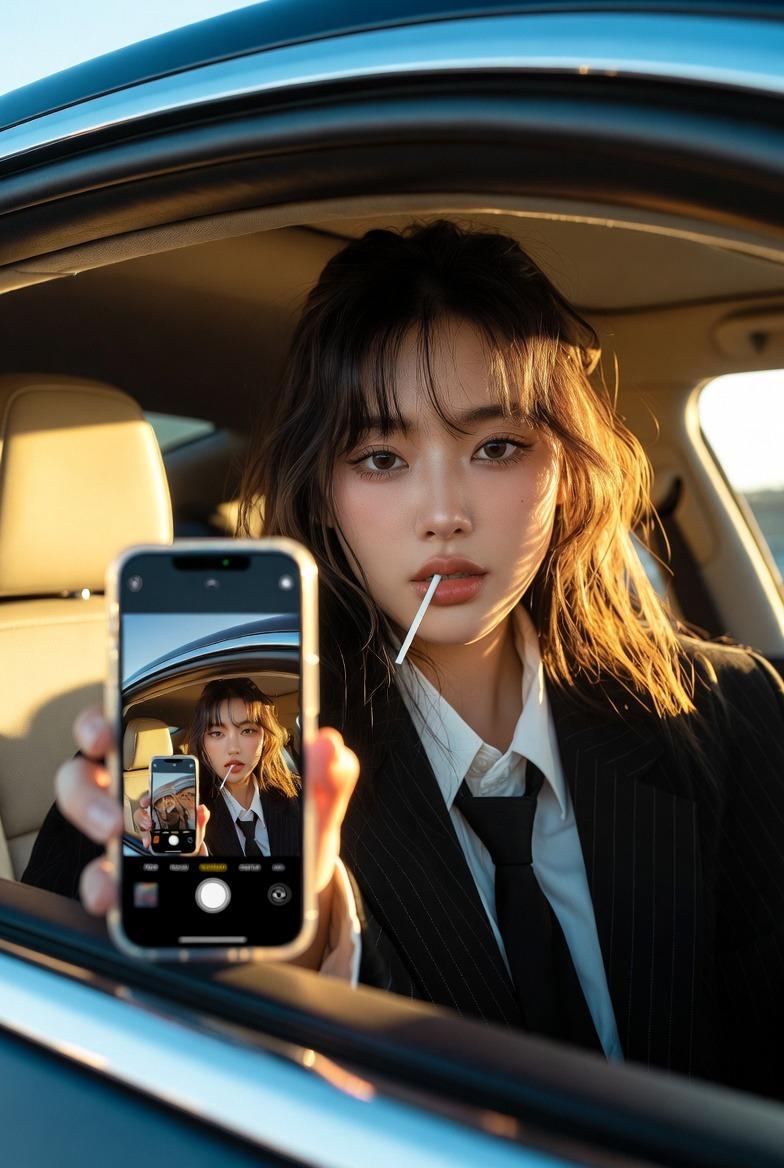 潮流Z世代汽车肖像摄影/递归照片概念/酷女孩网红风格/黄金时段随性/电影式城市生活快照