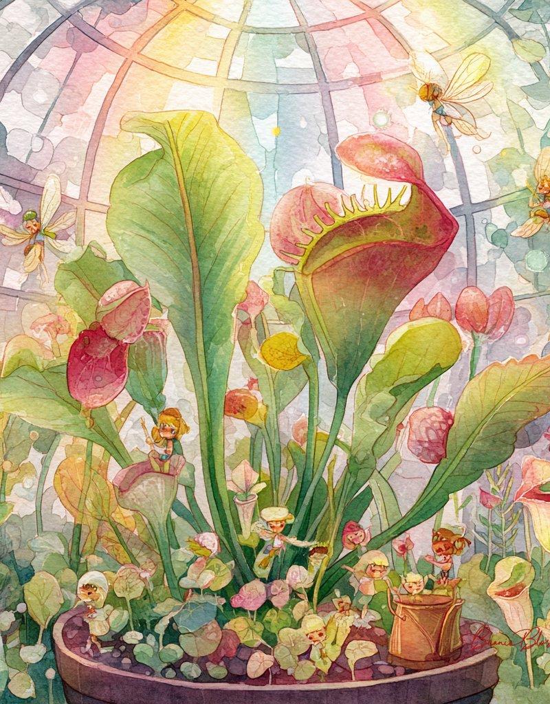魔幻屋顶温室花园水彩插画