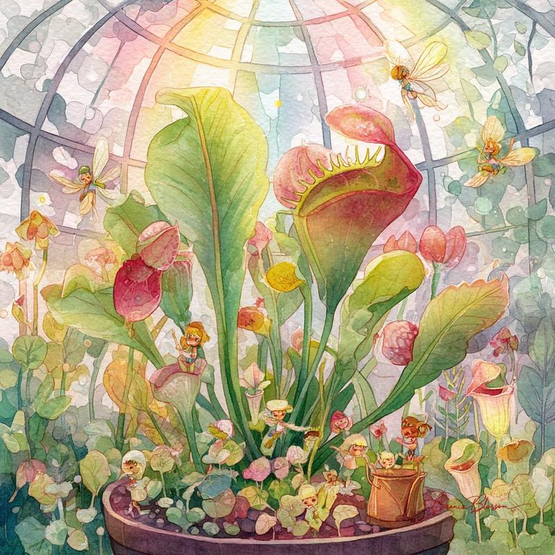 魔幻屋顶温室花园水彩插画