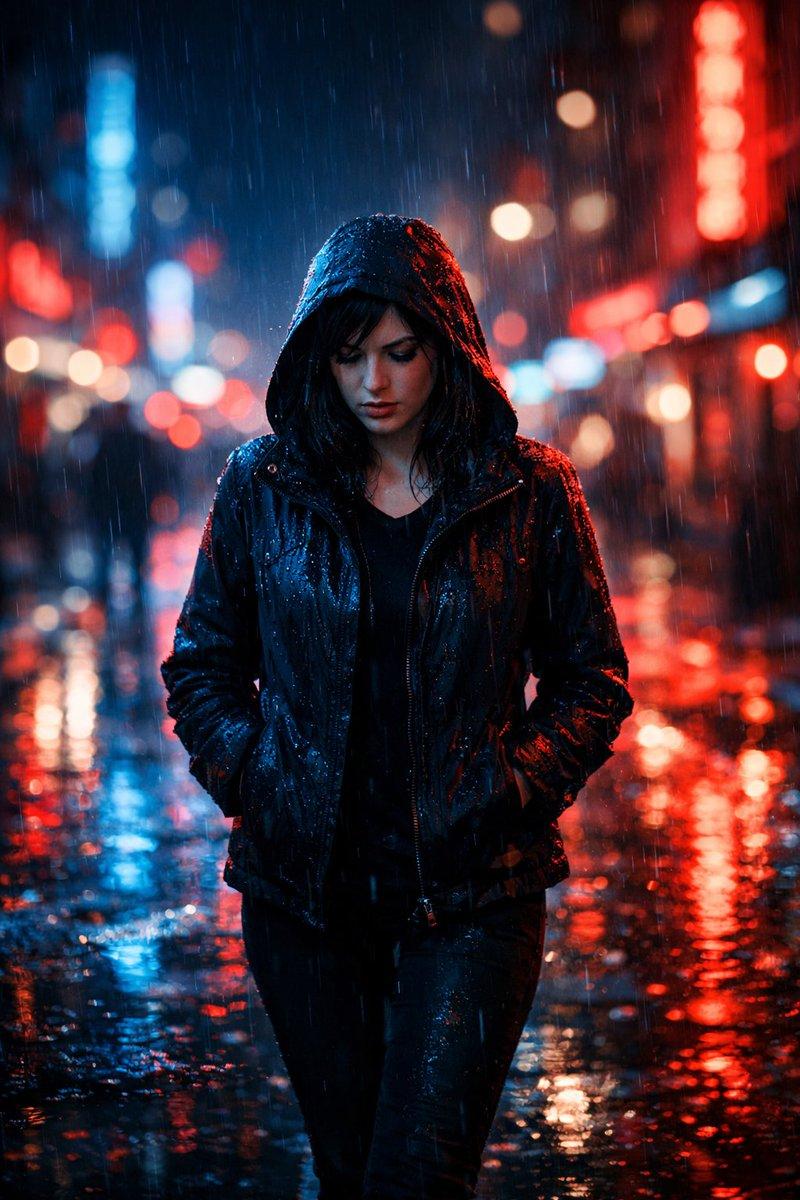 夜雨中的女子漫步