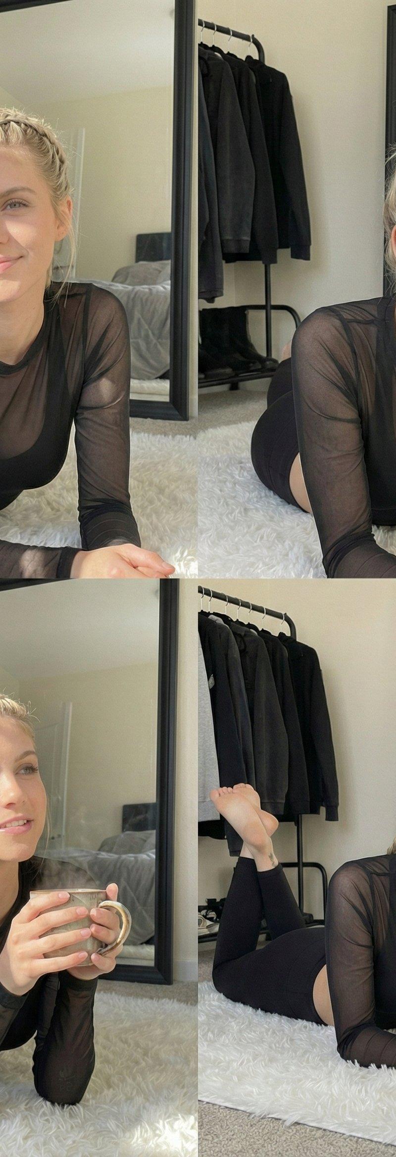 年轻金发女性在白色绒毛地毯上摆姿势