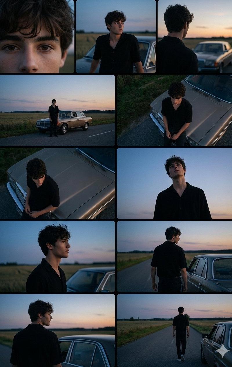 黄昏乡村公路上的经典车旁的年轻男子