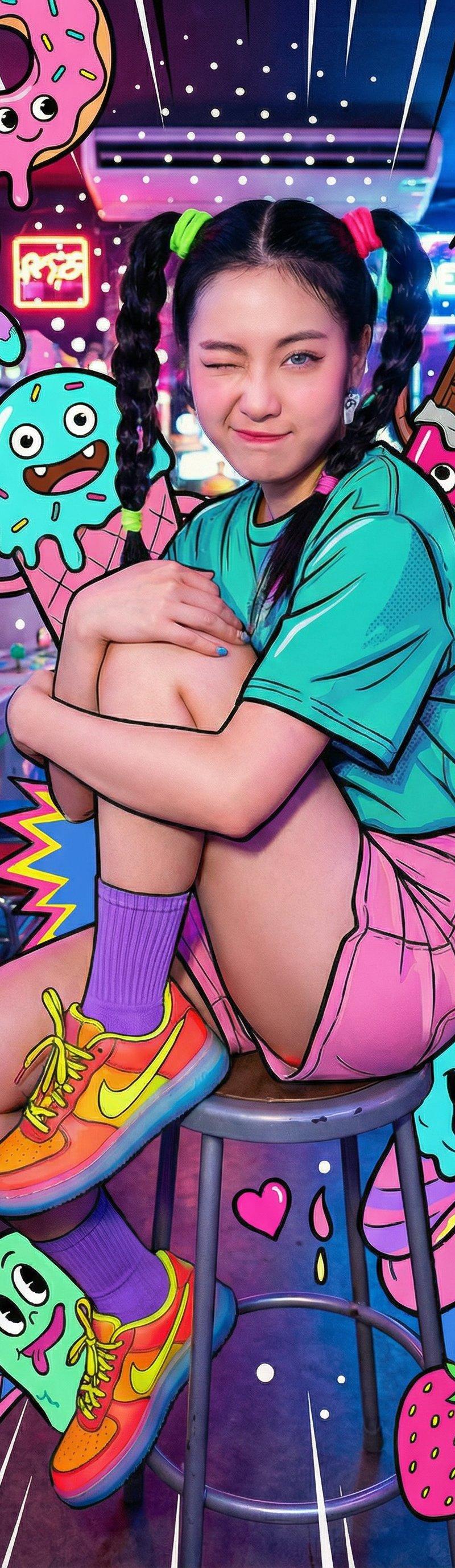 年轻女子在复古游戏厅中的糖果怪物狂欢肖像