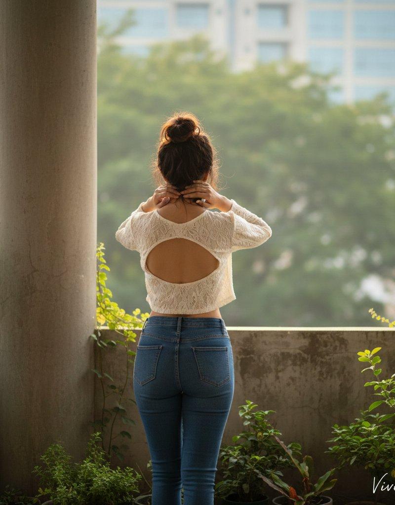 户外阳台上的年轻女子