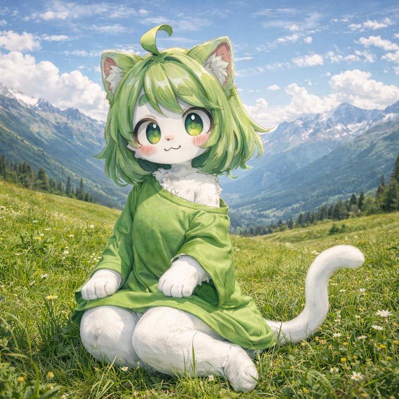 阿尔卑斯草甸中的写实风动漫猫娘