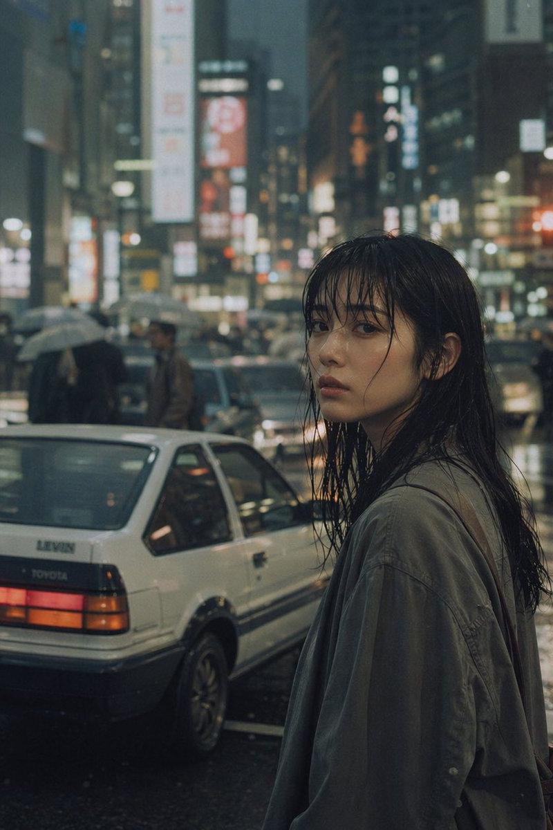 电影感雨中城市人像与排版设计