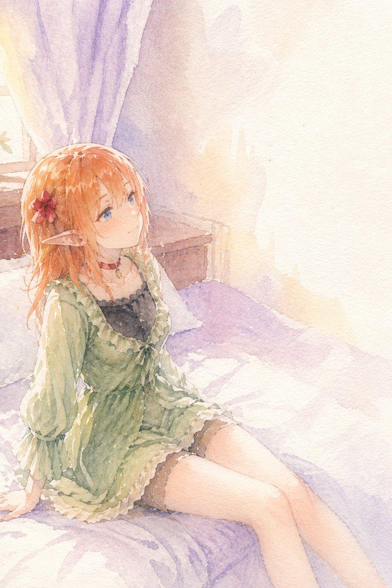 阳光卧室里的水彩精灵少女