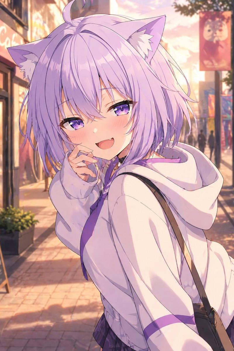 日落街头的薰衣草色猫娘