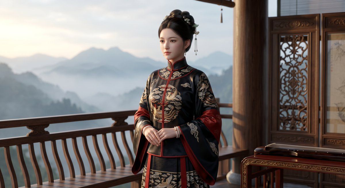 山间露台上的武侠电影感女主角