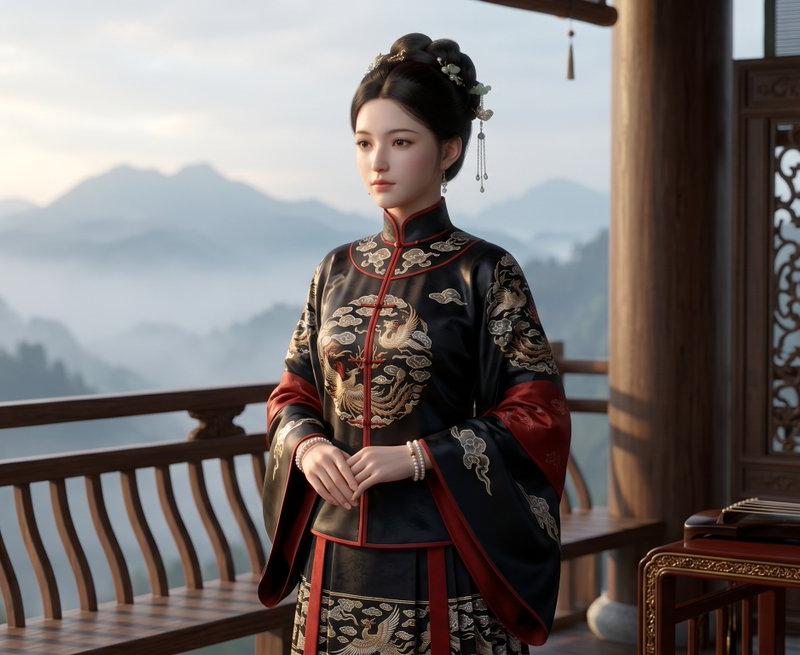 山间露台上的武侠电影感女主角