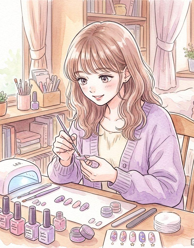 书桌前的粉彩动漫风美甲师