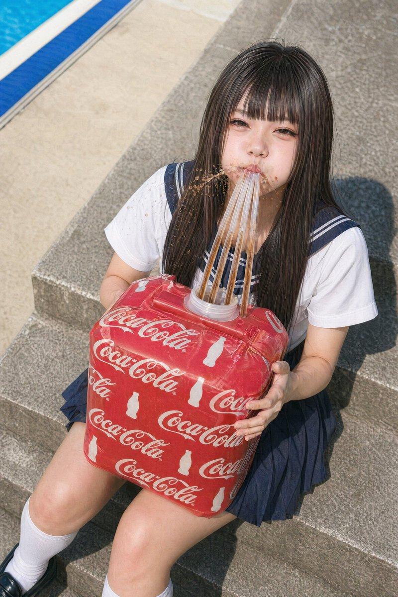 手持巨型苏打方块的女学生