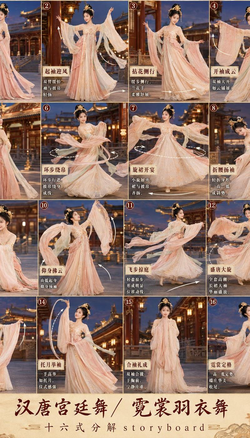 第 3 张分镜图提示词: 请创作一张高完成度、高清晰度的「汉唐宫廷舞 / 霓裳羽衣舞 · 16 宫格分镜图」