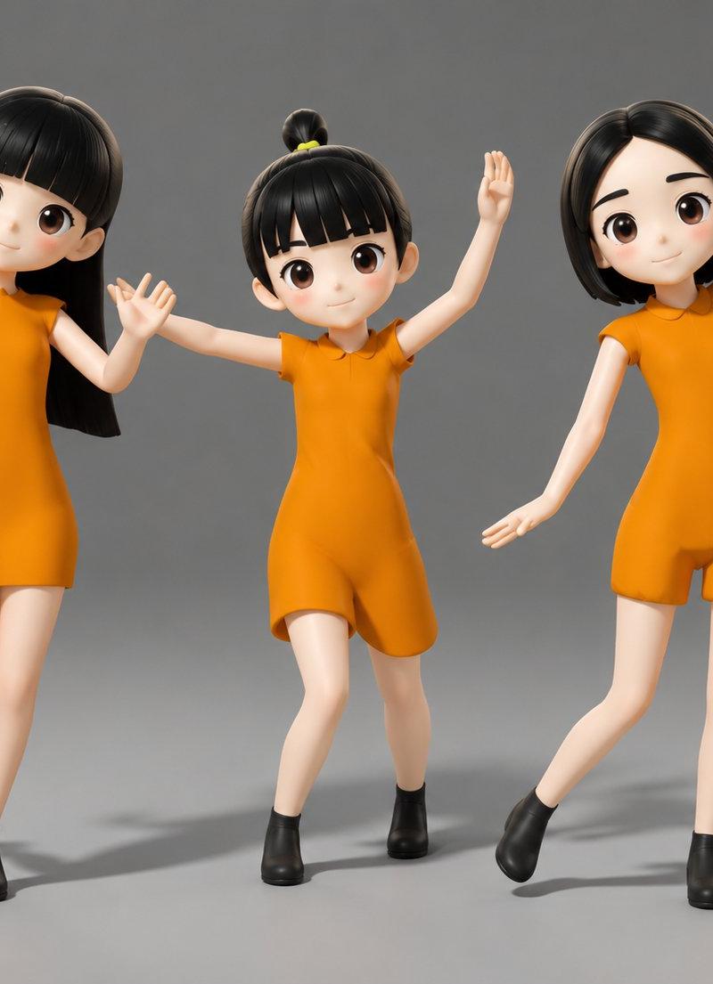 三位面部模糊的 3D 跳舞女孩