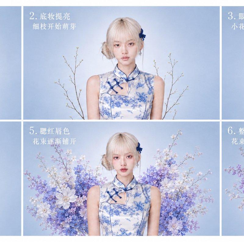 提示词:👇 生成一张 6 步流程图,主题为「旗袍花卉妆造生成过程」。每个小图保持 16:9,排版干净统一。