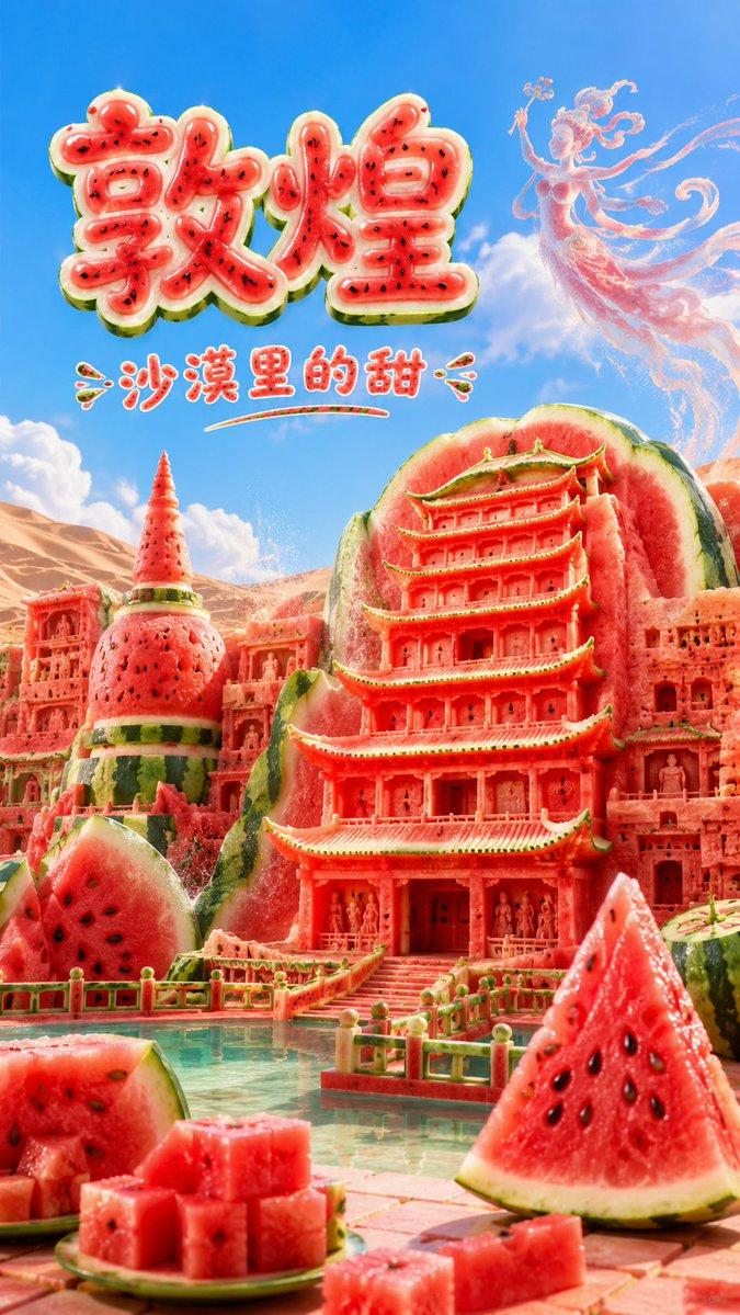 长文版提示词： 生成一张高传播感的 9:16 竖版「西瓜风格城市地标建筑」创意海报。 【用户输入】