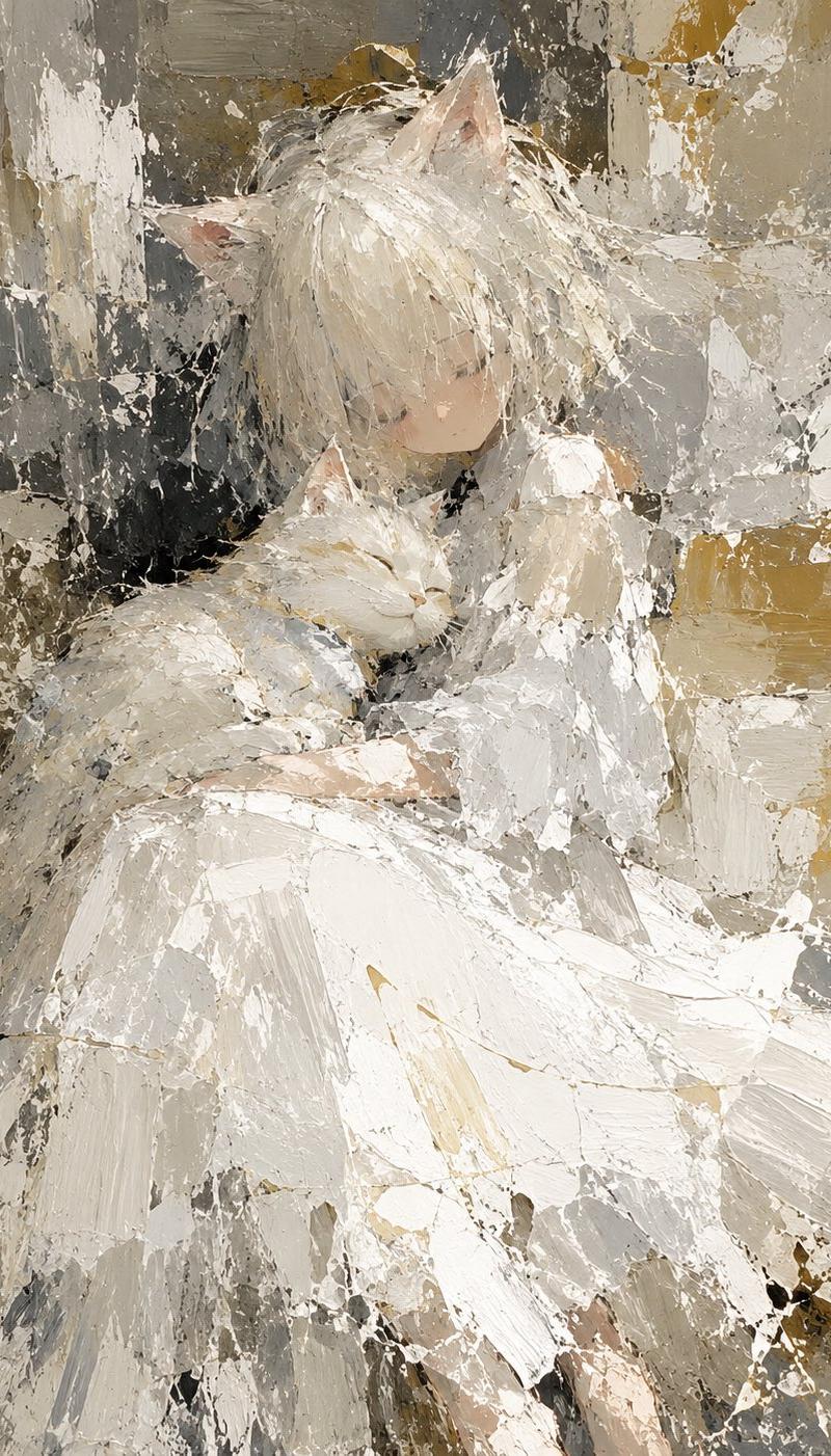 抽象猫耳少女与温顺猫咪画作