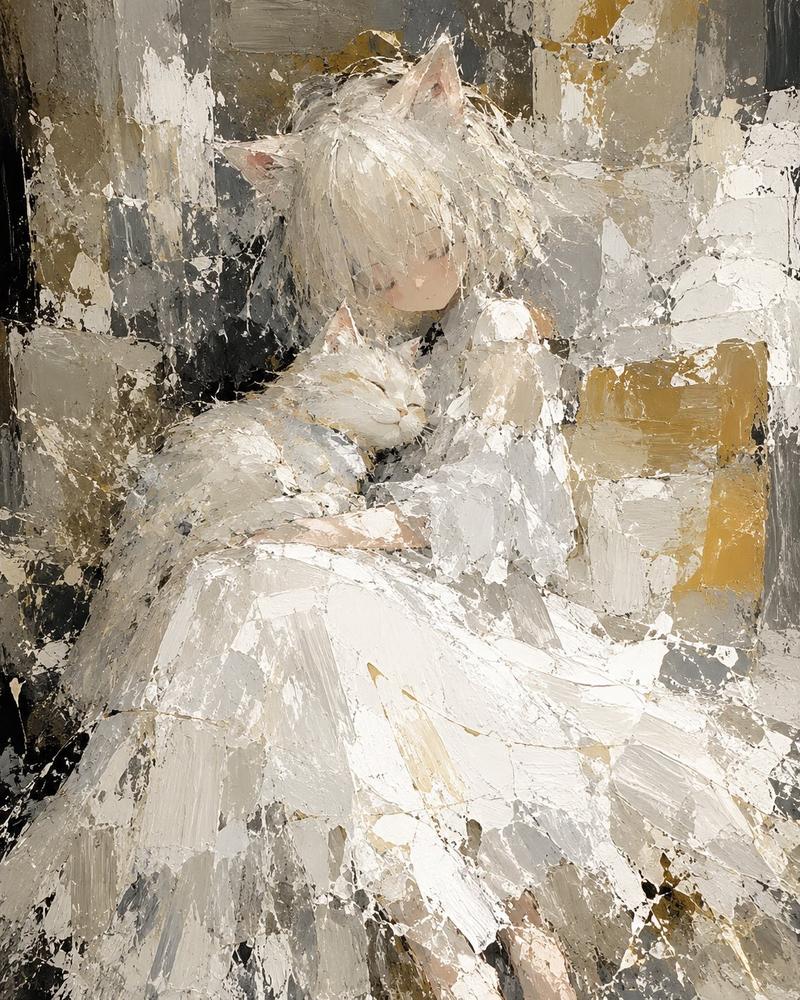抽象猫耳少女与温顺猫咪画作