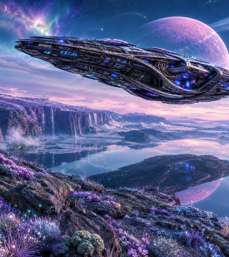 外星湖泊与宇宙飞船景观