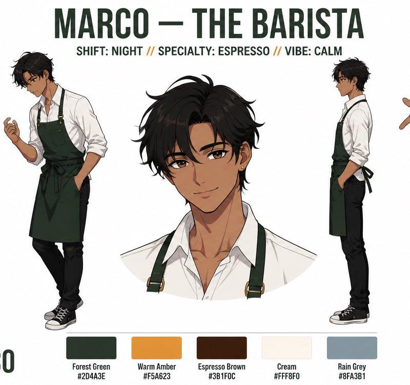 Anime Barista Character Reference Sheet