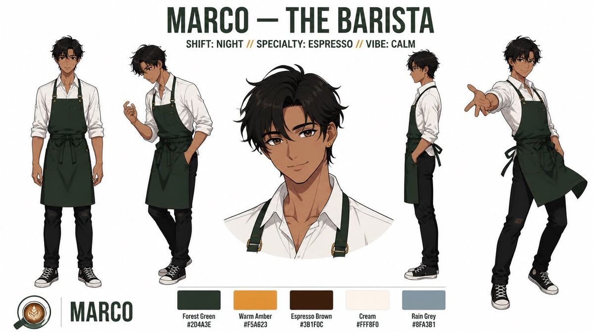 Anime Barista Character Reference Sheet
